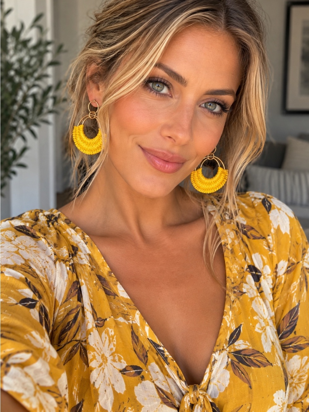 Yellow Thread Wrapped Hoop Earrings - Picture 2 of 4